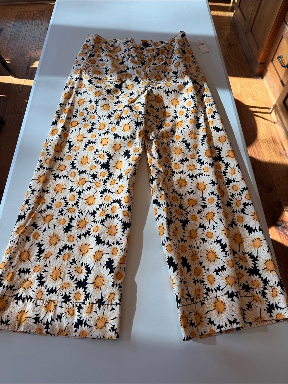 Maeve Black and Yellow Daisy Print Wide-Leg Pants
